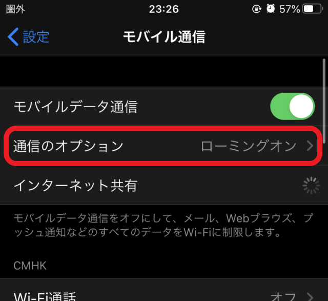 iPhone7のデータローミングをONにする画面。